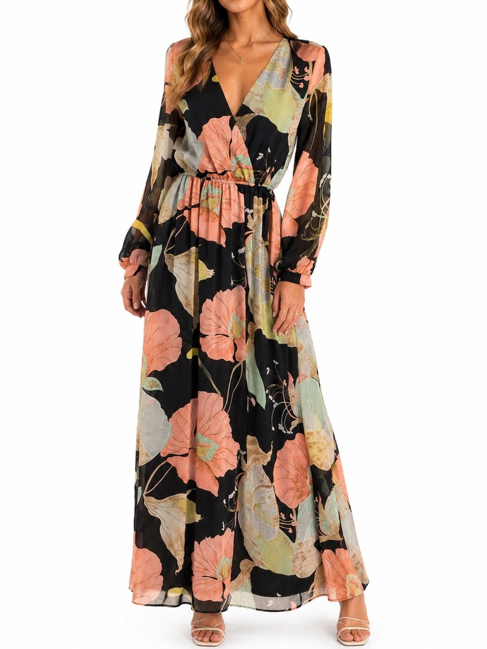 Wondrous Water Lilies Black Floral Print Maxi Dress XS Boho Romantic Feminine